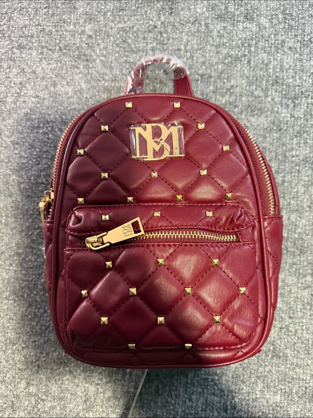 Badgley Mischka Quilted Burgundy Mini Backpack with Gold Hardware